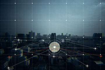 Abstract city background with digial grid and mesh. Web, network, map and information concept. Double exposure.