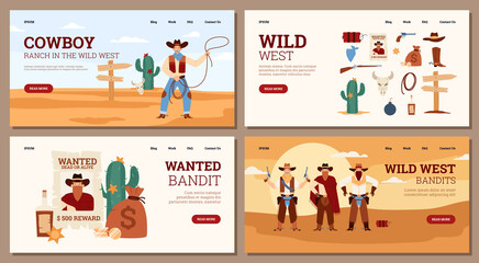 Set of web banners on theme of american wild west with bandits and cowboy.