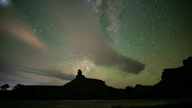 Panning timelapse following the milky way move through the nights sky in Utah over the desert along the Green River.
