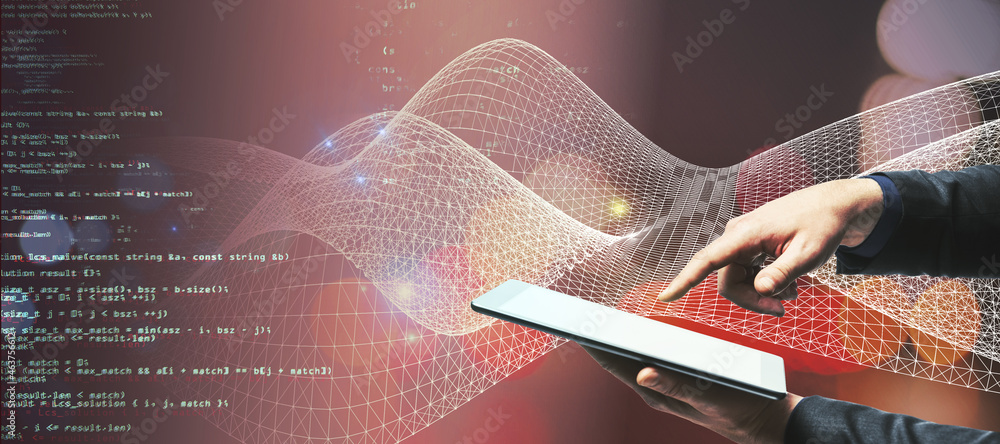 Poster Close up of businessman hand using tablet with abstract coding and digital web hologram on pink background. Technology, device and innovation concept.