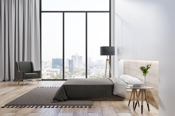 Modern bedroom interior with window and city view and wooden furniture. 3D Rendering.