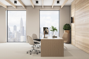 New wooden office interior with desktop, equipment, window with city view and other items....