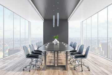 Bright wooden and concrete meeting room interior with panoramic city view, daylight and large table...