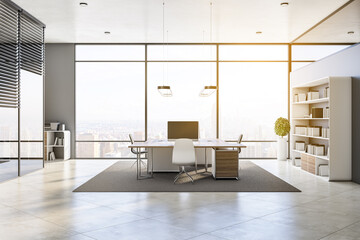 Contemporary office interior with equipment, furniture, sunlight, window with city view and concrete flooring. Worplace and workspace concept. 3D Rendering.