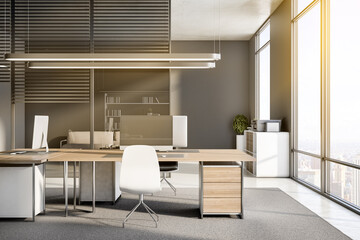 Clean office interior with equipment, furniture, sunlight, window with city view and concrete flooring. Worplace and workspace concept. 3D Rendering.