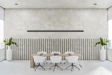 Clean concrete glass meeting room interior with windows, city view, furniture and equipment. Workplace concept. 3D Rendering.