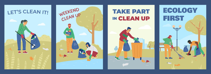 Banners set for environment cleaning up events, flat vector illustration. - obrazy, fototapety, plakaty