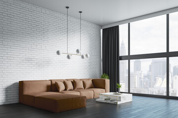 Clean brick living room interior with big couch, other pieces of furniture, curtain, window with daylight and city view. 3D Rendering.