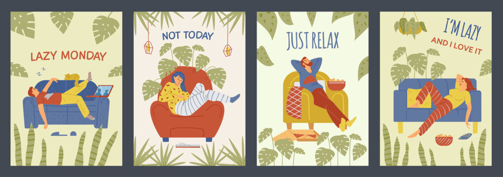Vector posters with lazy male and female persons relaxing at home.