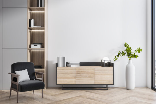 Contemporary interior with wooden flooring, bookcase, armchair, decorative plant and window with city view. Mock up, 3D Rendering.