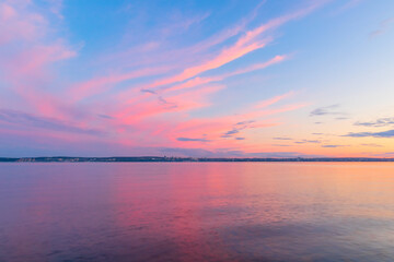 Beautiful colored evening sky after sunset over the horizon with reflection in the water. 