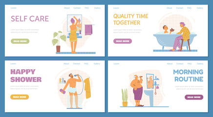 Landing pages or web template for site with illustrations of people in bath doing routine daily tasks. Flat vector cartoon illustrations of characters in bathroom.