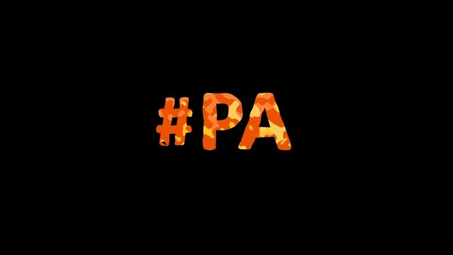 Hashtag #PA. Animated text. Transparent Alpha channel, 4K video. Color movable letters pattern, fluid aqua effect. PA is abbreviation for the US American state Pennsylvania