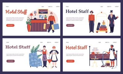 A set of landing pages templates for advertising hospitality service. Friendly hotel staff in uniform serves guests. Vector flat illustrations.