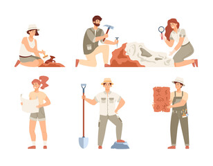 Set of various cartoon characters of archaeologists at excavation