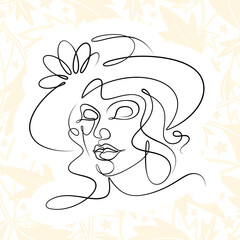 International Women's Day minimal design line drawing style. Portrait of young woman beauty face isolated on pastel leaf background. Vector for Spa, fashion, hairdressing and beautiful artwork design.