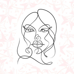 International Women's Day minimal design line drawing style. Portrait of young woman beauty face isolated on pastel leaf background. Vector for Spa, fashion, hairdressing and beautiful artwork design.