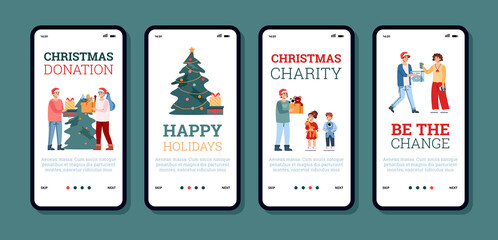 Onboarding pages kit for Christmas charity and donation, vector illustration.