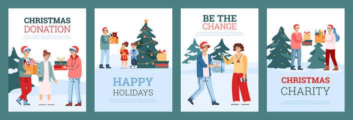 Set vector posters with volunteers gathering holiday donate for christmas charity