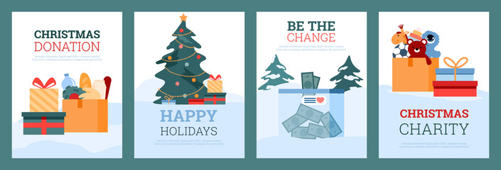 Christmas charity and donation banners or posters flat vector illustration.