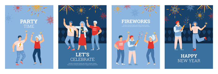Set vector posters with advertise fireworks for holiday event, new year celebrate