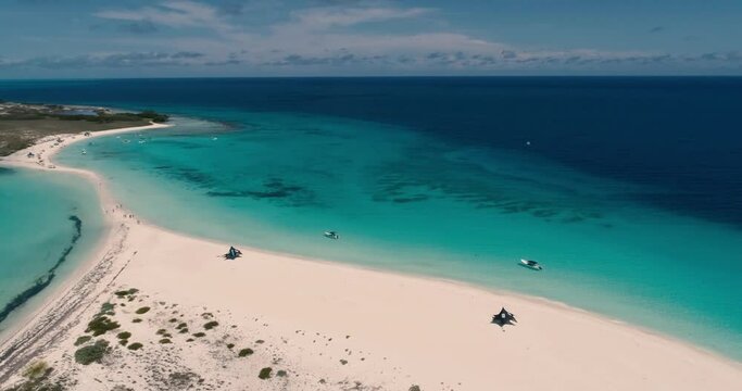 Aerial View  pan  rigth  over Cayo de agua Amazing tropical island Summer and travel vacation concept Los Roques venezuela.