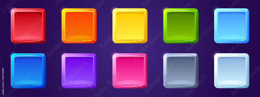 Poster set of game ui app icons, square buttons, cartoon menu interface colorful blocks. gui graphic design