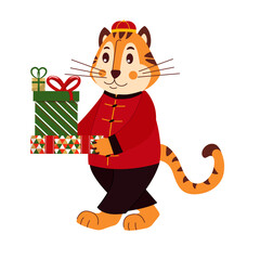 Cute striped tiger in Chinese costume with presents. For congratulations, cards, posters. Cartoon vector illustration isolated on white.