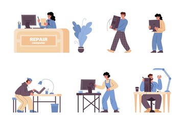 A set characters working at computer repair service a vector illustrations.