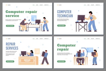 Obraz na płótnie Canvas Computer repair technician services webpages bundle, flat vector illustration.