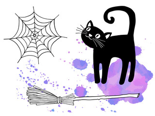 Halloween design with black cat, spider web and witch broom on purple blob background. Hand drawn sketch style.