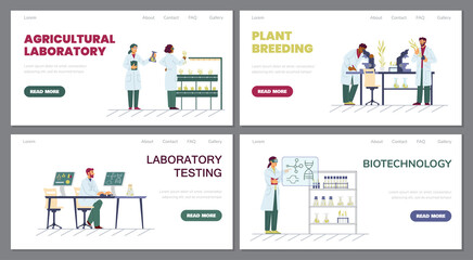 Set of web banner templates with scientists, biologists doing agricultural research