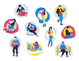 Fototapeta premium People read books. Cartoon trendy man and woman student characters reading, home learning and literature hobby. Vector modern leisure collection
