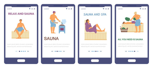 Onboarding screen interfaces kit for sauna and SPA, flat vector illustration.