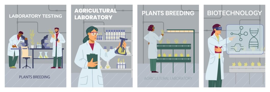 Agricultural laboratory researches and plants breeding, vector illustration.