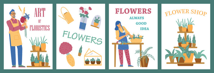 Fototapeta premium Set of posters for flower shop for sale of houseplants and floral plants in pots