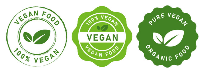 vegan food stamp label for vegetarian green leaf circle seal sticker vector graphic isolated set