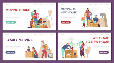 Family moving new house webpages collection, flat vector illustration.