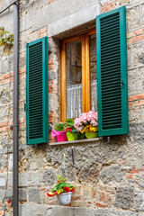 Fototapeta na wymiar Window with flowers on the windowsill