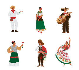 Set mexican male and female characters in beautiful traditional national costumes
