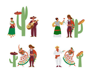 Fototapeta premium Mexican male and female characters in colorful traditional national costumes.