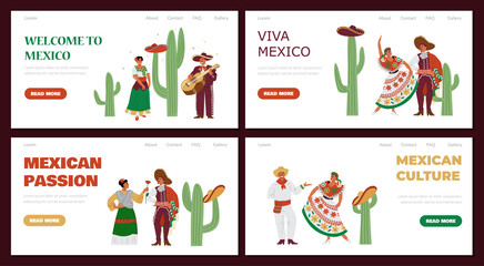 Mexican web banners collection with cartoon characters vector illustration.