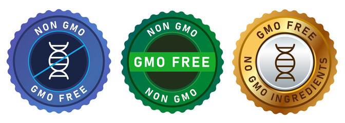 non GMO free no genetically modified organism set emblem sticker tag badge symbol in gold blue and green - obrazy, fototapety, plakaty