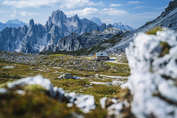 Rifugio Lavaredo with Cadini di Misurina mountain group in background. Dolomites at the Cime di Lavaredo, Italy