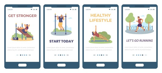 Obraz na płótnie Canvas Onboarding app pages of sport and outdoor activity, flat vector illustration.