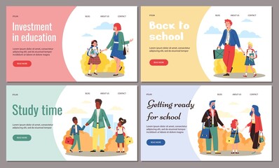 Set vector flat web banners with happy parents taking kids to school for learn