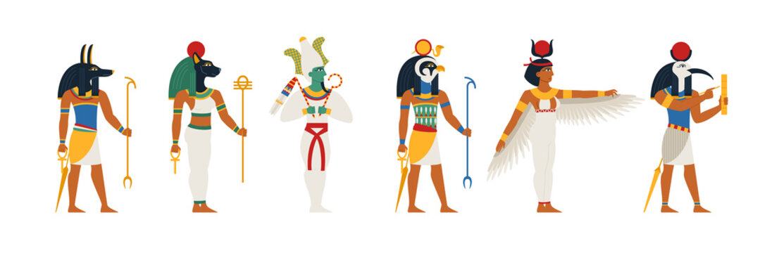 Set of ancient Egyptian gods in flat vector illustration style isolated