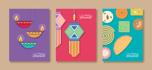 set of Diwali or Deepavali greeting card. Diya oil lamp, kandil lantern and Indian snack in graphic minimal style. Flat vector illustration. 
