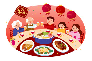 Family having CNY reunion dinner - obrazy, fototapety, plakaty