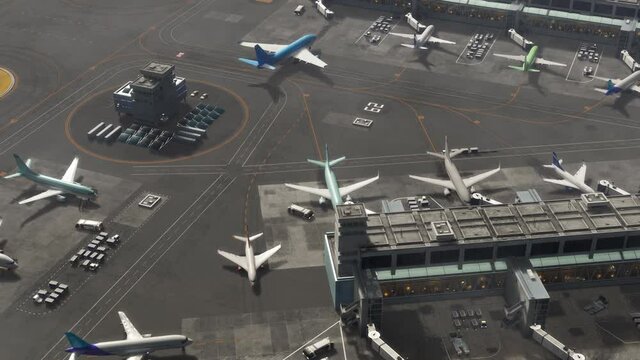 Aerial View of a 3D Commercial Airport Render with Parked Planes, Passenger Terminals, Runway and Service Machinery. Top Down View of Modern Aircrafts in International Airport. Panning VFX Shot.